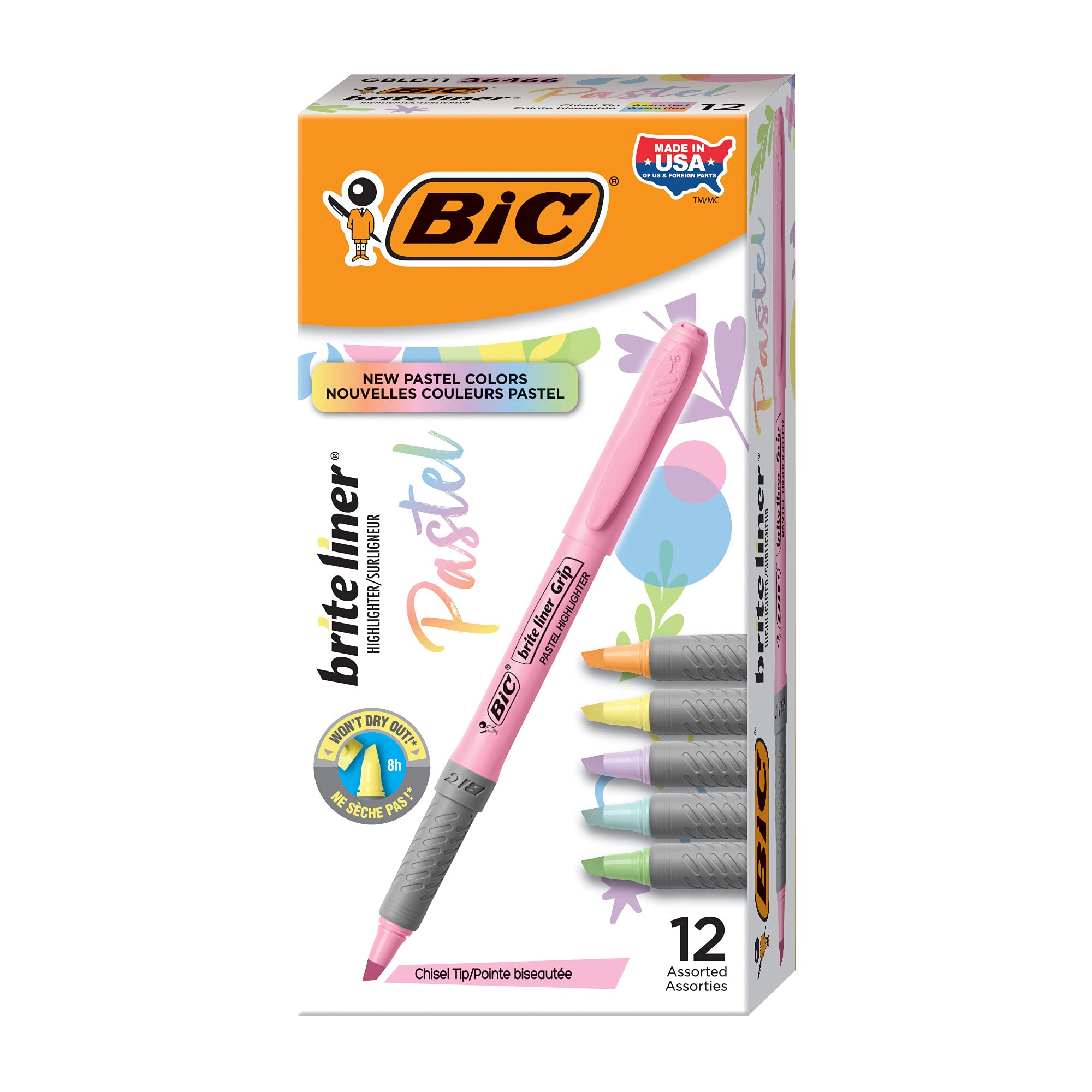 BIC Brite Liner Grip Pastel Highlighter Set, Chisel Tip, Pack of Pastel Highlighters in Assorted Colors (colors may vary), Cute Highlighters for Bullet Journaling, Note Taking and More (Pack of 18) 12 Count (Pack of 18) 2 BIC Brite Liner Grip Pastel Highlighter Set, Chisel Tip, Pack of Pastel Highlighters in Assorted Colors (colors may vary), Cute Highlighters for Bullet Journaling, Note Taking and More (Pack of 18) 12 Count (Pack of 18) - Image 2