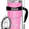 MalloMe BEARCLAW Insulated Tumbler With Handle & Straw - Stainless Steel Tumblers Coffee Travel Mug - Reusable Insulated Cup for Water with Brush, 2 Lids & Straws - Splash-Proof 30 Oz Blossom Pink