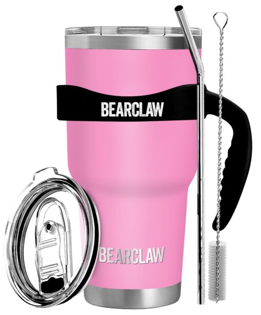 MalloMe BEARCLAW Insulated Tumbler With Handle & Straw - Stainless Steel Tumblers Coffee Travel Mug - Reusable Insulated Cup for Water with Brush, 2 Lids & Straws - Splash-Proof 30 Oz Blossom Pink