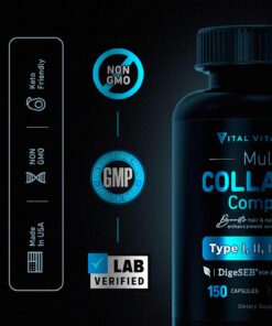 Vital Vitamins Multi Collagen Complex - Type I, II, III, V, X, Grass Fed, Non-GMO, 150 Capsules 150 Count (Pack of 1) 21 71QNTWcr3L