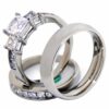 Couples Rings Set His Hers 3 Stone Type Stainless Steel Princess CZ Wedding Ring set Mens Matching Band Size Women's 08 Men's 10
