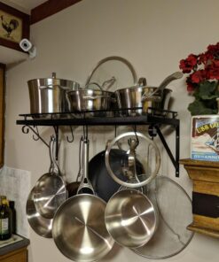30" Wall mounted pots and pans rack. Pot holders wall shelves with 12 hooks. Kitchen shelves wall mounted with wall hooks. Kitchen storage pot holder pot rack. Pot pan organizer. Pot Pan rack. 37 71QTFocAwLL