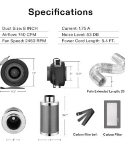 Alternative view of VIVOSUN 8 Inch 740 CFM Inline Fan with Speed Controller, 8 Inch Carbon Filter and 25 Feet of Ducting, Air Filtration Combo for Grow Tent Ventilation Silver