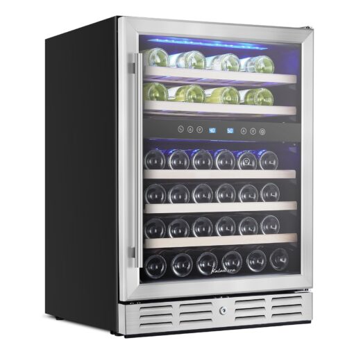 Kalamera 24 inch Wine Cooler, 46 Bottle - Dual Zone Built-in or Freestanding Fridge with Stainless Steel Reversible Glass Door, for Home, Kitchen, or Office. 24 inch/46 Bottles(Dual Zone)