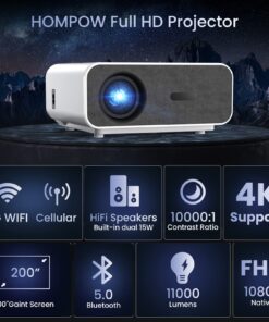 4K Support Projector with Wifi and Bluetooth, HOMPOW Mini Portable Projectors for Outdoor Home Movie, Compatible with Laptop, Smartphone, TV Stick, Xbox, PS5 white 32 71Qbbl4svsL