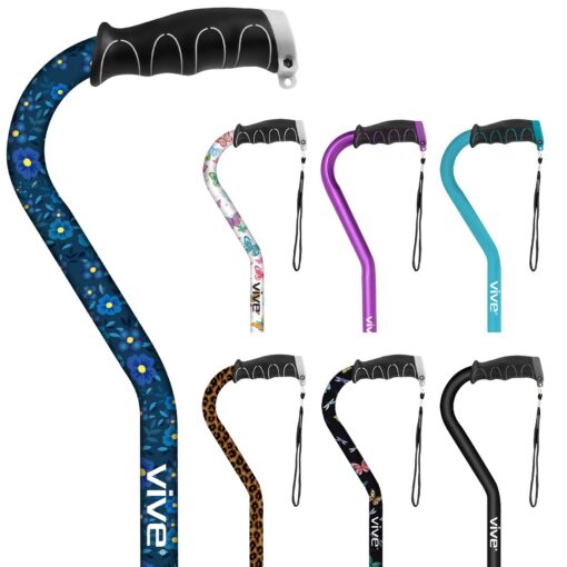 Vive Walking Cane - Ergonomic Offset Patented Hand Grip - Lightweight Adjustable Walking Aid for Men, Women, Elderly - Non-Slip Tip, Sturdy Mobility Aid for Seniors, Supports Up to 250lbs (Purple) Blue Floral