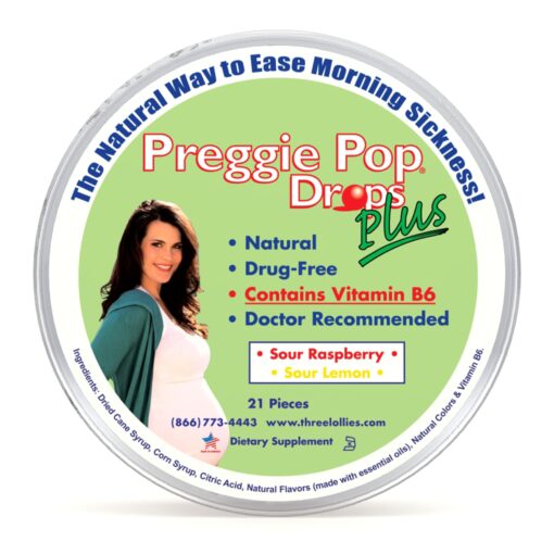 Preggie Pop Drops Plus | 21 Drops | Vitamin B6 for Morning Sickness & Nausea Relief during pregnancy | Safe for pregnant Mom & Baby | Gluten Free | Two Flavors: Lemon & Raspberry