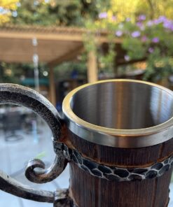 Kndatle Handmade Wooden Barrel Beer Mug, Bucket Shaped Drinkware with Handle, Stainless Steel Double Wall Cocktail Mug for Bar Restaurant, Vintage Bar Accessories (18 oz) 22 71QpTWr4 eL