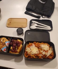 GRUB2GO Premium Bento Lunch Box (Large 68 Oz Capacity) | 2023 Exclusive, 70% Bigger | Includes Bamboo Chopping Board Lid, Carry Bag, 2 Dividers, Utensils, Sauce Container Premium 2021 Model: Executive Black (68 OZ) 59 71QwZArDRQL