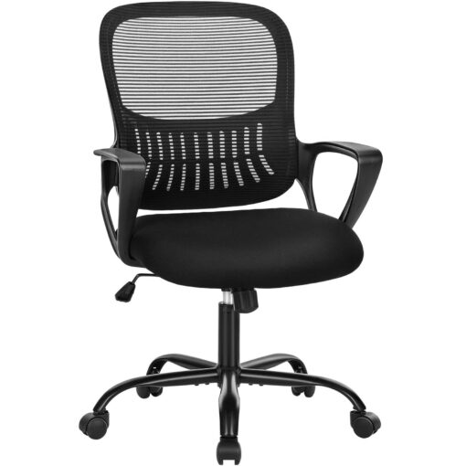 SMUG Office Computer Desk Chair, Ergonomic Mid-Back Mesh Rolling Work Swivel Task Chairs with Wheels, Comfortable Lumbar Support, Comfy Arms for Home, Bedroom, Study, Dorm, Student, Adults, Black Modern