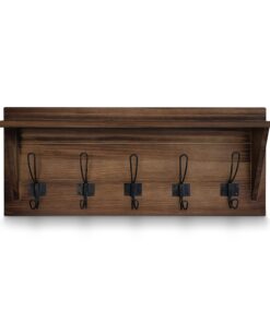 Rustic Wall Mounted Coat Rack Shelf - Brown Wooden Country Style 24" Entryway Shelf with 5 Rustic Hooks - Solid Pine Wood. Perfect touch for your Entryway, Mudroom, Kitchen, Bathroom and More (Brown) 1- Rustic Brown 26 71R02xV8rLL