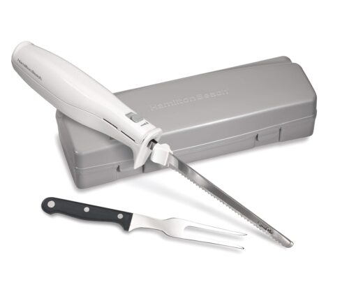 Hamilton Beach Electric Knife Set for Carving Meats, Poultry, Bread, Crafting Foam & More, Reciprocating Serrated Stainless Steel Blades, Ergonomic Design Storage Case + Fork Included, 5 Foot Cord Carve 'n Set Electric Knife