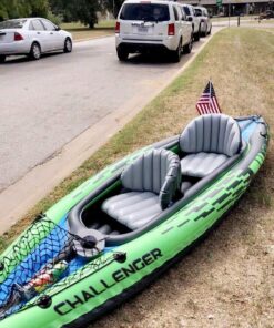 INTEX Challenger Inflatable Kayak Series: Includes Deluxe 86in Aluminum Oar and High-Output Pump – SuperStrong PVC – Adjustable Seat with Backrest – Removable Skeg – Cargo Storage Net green/blue 2-person 49 71R6773lu7L