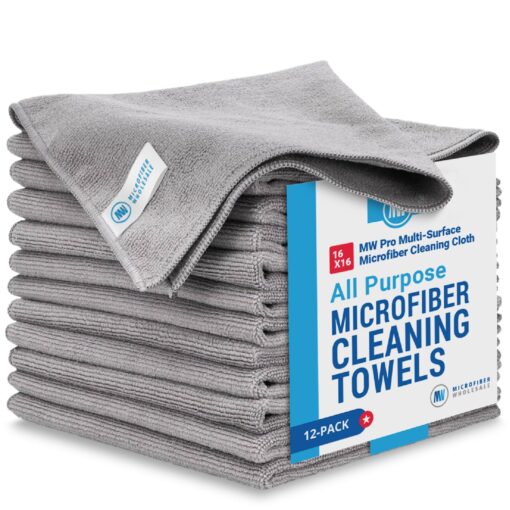 MW Pro Microfiber Cleaning Cloths (12 Pack) | Size 16" x 16"| All Purpose Microfiber Towels - Clean, Dust, Polish, Scrub, Absorbent (Gray) Gray