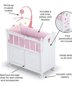 Badger Basket Toy Doll Bed with Storage Cabinet, Gingham Bedding, and Personalization Kit for 22 inch Dolls - White/Pink 39 71RIDx3bkmL