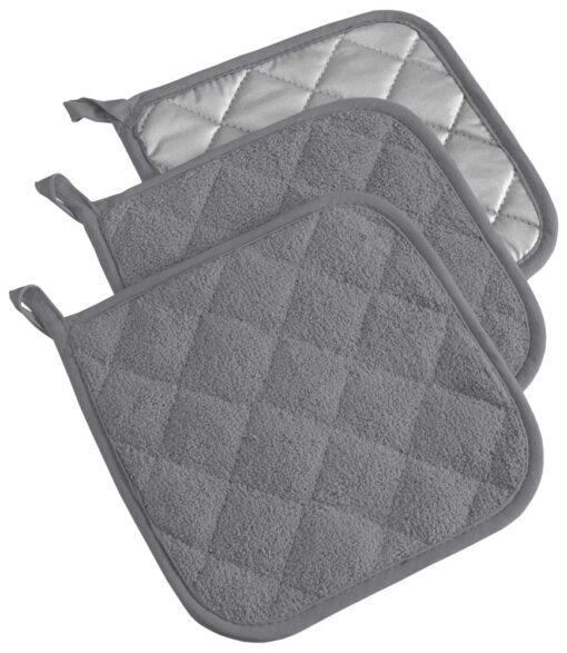 DII Basic Terry Collection Quilted 100% Cotton, Potholder, Gray, 3 Piece