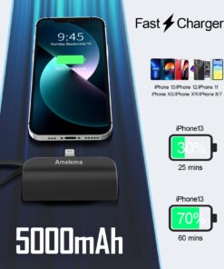 amelema Small Portable Charger for iPhone, 5000mAh Mini Power Bank with Built-in Cable/Metal Stand, Cute Battery Pack Compatible with iPhone 14/14 Plus/Pro Max/13/12/11/XS/XR/X/8/7/Airpods (Black) Black-IOS 16 71RLY4h778L