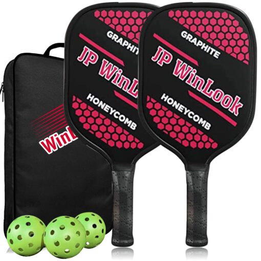 JP WinLook Premium Pickleball Paddles Set – Graphite Carbon Fiber/Fiberglass Rackets for Women & Men and Pickleball Balls for Indoor or Outdoor Play. Pickleball Set - Racquets, Pickleballs & Carry Bag USAPA Graphite Red / Red-2 Player Set