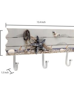 MyGift 13.4 Inch Wall Mounted Wood Nautical Theme Coat Rack with 3 Hooks and Decorative White Sand, Starfish, Seagull and Seashells Design 18 71RSBoikl9L