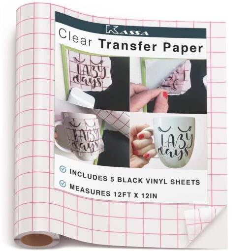 Kassa Transfer Tape Roll for Vinyl - Clear | 12 in x 12 ft, 5 Black Vinyl Sheets Included | Compatible with Cricut, Silhouette & Other Cutting Machines | for DIY Art Projects, Styling & Decorating 12" x 12 feet