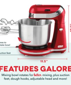 DASH Stand Mixer (Electric Mixer for Everyday Use): 6 Speed Stand Mixer with 3 qt Stainless Steel Mixing Bowl, Dough Hooks & Mixer Beaters for Dressings, Frosting, Meringues & More - Red, DCSM250RD 27 71RaQcA4olL