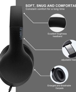 LORELEI X6 Over-Ear Headphones with Microphone, Lightweight Foldable & Portable Stereo Bass Headphones with 1.45M No-Tangle, Wired Headphones for Smartphone Tablet MP3 / 4 (Space Black) Space Black 20 71RrF20jItL