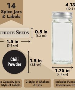 14 Pcs Talented Kitchen Spice Jars Set with 269 Spice Labels, Empty Square Spice Bottles Containers 4 oz with Pour/Sift Shaker Lid, Spice Organization, and Storage 26 71RsSlWagYL