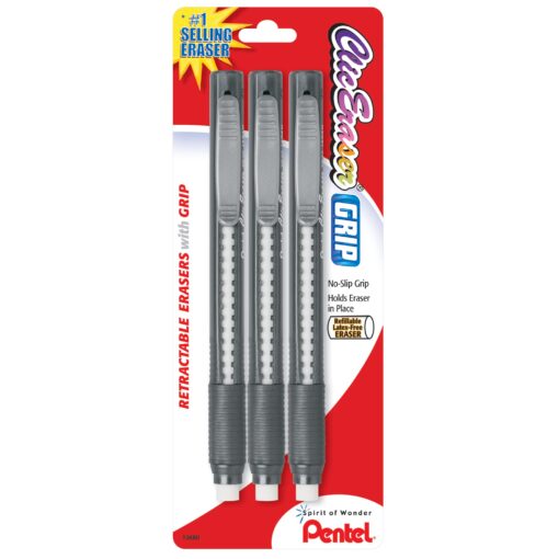 Pentel® Clic Erasers®, 5", Assorted Barrel Colors, Pack of 3 Black / Blue 1 Pack of 3 ZE21BP3-K6