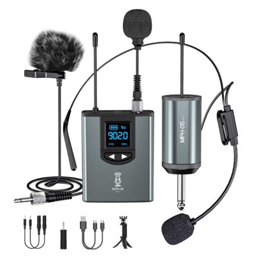 Wireless Microphone System Headset Mic/Stand Mic/Lavalier Lapel Mic with Rechargeable Bodypack Transmitter & Receiver 1/4" Output for iPhone, PA Speaker, DSLR Camera, Recording, Teaching, Church, Vlog 1T1R-Steel