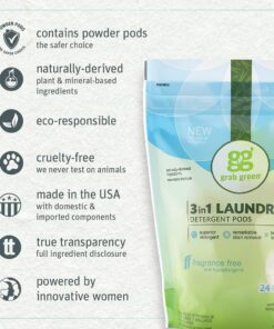 Grab Green 3-in-1 Laundry Detergent Pods, 60 Count, Fragrance Free, Plant and Mineral Based, Superior Cleaning Power, Stain Remover, Brightens Clothes 60 Count (Pack of 1) 15 71Rxuk7VbNL