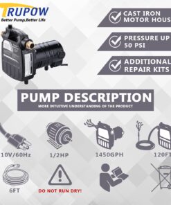 Trupow 1/2HP 1450GPH 115-Volt Cast Iron Portable Electric Power Utility Transfer Water Pump with Suction Strainer and Kits Black 115V AC Cast Iron 10 71SCgdSlsoL