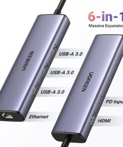 Alternative view of UGREEN Revodok 1061 USB C Hub 6-in-1 Gigabit USB C to Ethernet Adapter with 4K HDMI, 100W Power Delivery, 3 USB 3.0, Compatible with MacBook, iPad Pro, iPhone 15 Pro/Pro Max, Dell, HP, Chromebook.
