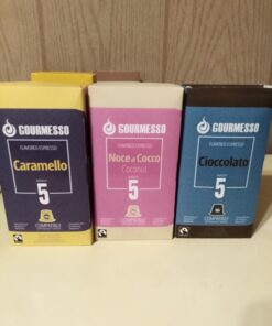Gourmesso 50ct Flavored Espresso Pods | Int.5 | Proudly Fairtrade | Compatible with Nespresso Original Capsule Machines | Caramel Vanilla Chocolate Hazelnut Coconut | Medium Roast 50ct Flavors Bundle 10 Count (Pack of 5) 39 71SHYxYV9GL