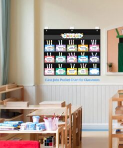 REGELETO Class Jobs Pocket Chart with 70 Colorful Dry Erase Cards and 3 Hooks,Class Management Educational Pocket Chart Teacher's Helper Size: 24.5”x21.8”inch Bulletin Board for Classroom (Black) 16-Pockets 25 71SKoT6JorL