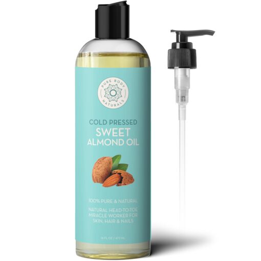 Pure Body Naturals Sweet Almond Oil for Hair and Skin, 100% Pure and Cold Pressed, Hexane Free, Skin Moisturizer, Nails, Therapeutic Massage, Carrier Oil 16 Fl. Ounce (Label Varies) 16 Fl Oz (Pack of 1)