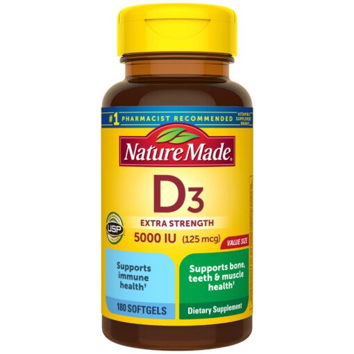 Nature Made Extra Strength Vitamin D3 5000 IU (125 mcg), Dietary Supplement for Bone, Teeth, Muscle and Immune Health Support, 180 Softgels, 180 Day Supply 180 Count