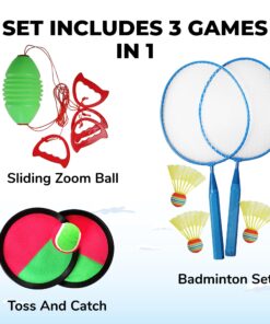 High Bounce 3 in1 Outdoor Games Combo Set for Kids, with Badminton Rackets Set, Toss and Catch Ball Set, Sliding Zoom Ball Game, Mesh Bag, Birdies, and Tennis Ball Included 15 71Su5OwKyL