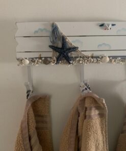 MyGift 13.4 Inch Wall Mounted Wood Nautical Theme Coat Rack with 3 Hooks and Decorative White Sand, Starfish, Seagull and Seashells Design 20 71SxwUScrdL