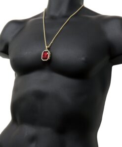 Mens 14k Gold Plated Iced Out Red Ruby Octagon Hip Hop Pendant with 3mm 24" Rope Chain M3 13 71T SkocweL