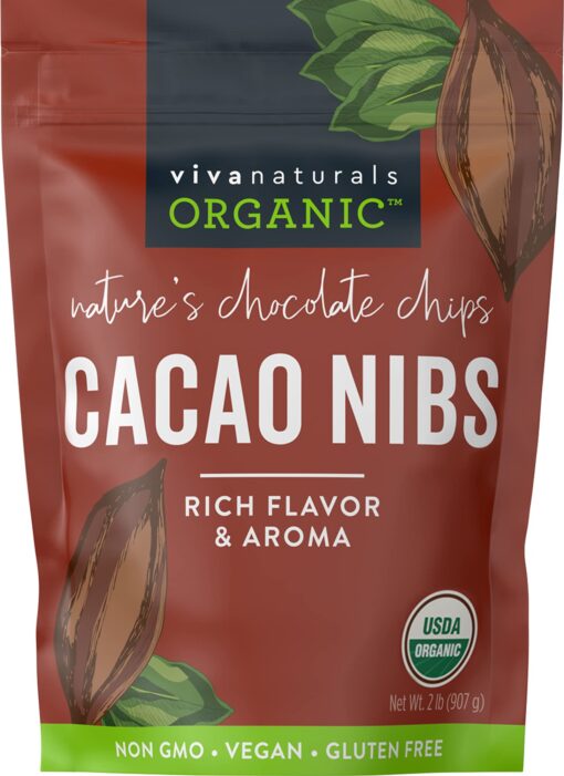 Viva Naturals Organic Cacao Nibs, 2 lb Bag (907g) - Keto Friendly and Vegan Unsweetened Chocolate Chip Substitute, Perfect for Gluten Free Baking, Cacao Nib Smoothies and More, Non-GMO and Gluten Free 2 Pound (Pack of 1)