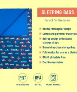 Wildkin Kids Sleeping Bags for Boys & Girls, Measures 57 x 30 x 1.5 Inches, Cotton Blend Materials Sleeping Bag for Kids, Ideal Size for Parties, Camping & Overnight Travel (Transportation),Blue Blue 7 71TJbFNvQ2L