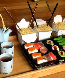 Raindrops Gummy Candy Sushi Bento Box with 5 Kinds of Sushi Rolls and Garnishes - 1 Tray with 21 Sushi Bites of Marshmallows, Licorice, Sour Strips, Gummi Bears and Fish - Fun and Unique Candy Gifts 5 71TPpdfGvnL