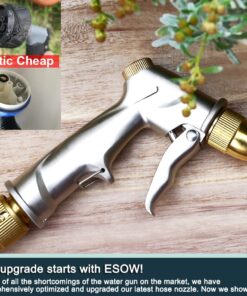 ESOW Garden Hose Nozzle, 100% Heavy Duty Metal Spray Gun with Full Brass Nozzle, 4 Watering Patterns Watering Nozzle- High Pressure Pistol Grip Sprayer for Watering Plants, Car Wash and Showering Dog Bullet Modelling Silver 19 71TSk024fL