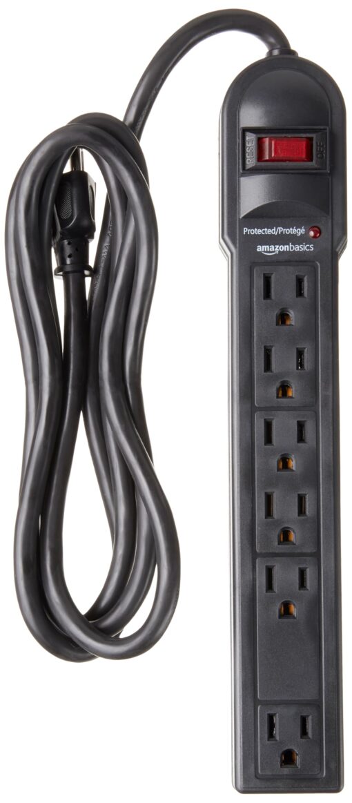 Amazon Basics Rectangular 6-Outlet Surge Protector Power Strip, 6-Foot Long Cord, 790 Joule - Black 1-Pack