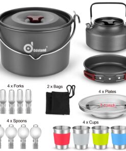 Odoland 22pcs Camping Cookware Mess Kit, Large Size Hanging Pot Pan Kettle with Base Cook Set for 4, Cups Dishes Forks Spoons Kit for Outdoor Camping Hiking Picnic 26 71TYGgxtpOL