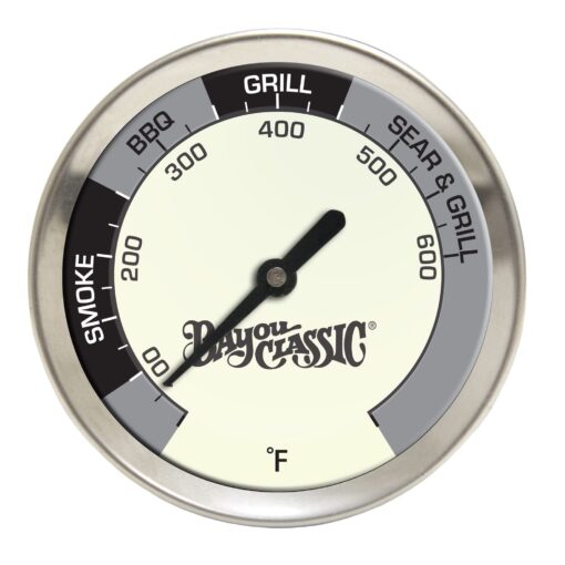 Bayou Classic 500-580 Grill Thermometer Features 2.5-in Tempered Glass Dial Face Perfect For Grilling Smoking Barbecuing Searing Fits Most Grills