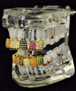18K Gold Plated Clown Grillz Set Multi-Color CZ Bling Cubic Zirconia Top & Bottom Teeth Hip Hop Grills 10 71TcFrouCnL