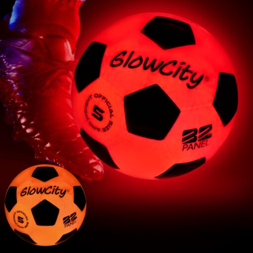 GlowCity Glow in The Dark Soccer Ball- Light Up, Indoor or Outdoor Soccer Balls with 2 LED Lights and Pre-Installed Batteries - Gift Ideas for Teen Boys and Girls Official (Size 5) - Red