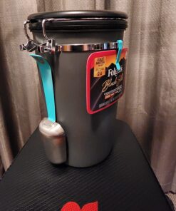 Coffee Gator Stainless Steel Canister - Large 22oz, Silver Coffee Grounds and Beans Container with Date-Tracker, CO2-Release Valve, and Measuring Scoop - Ideal Coffee Lovers Gifts for Her Gray with Green 41 71TxSGkmSNL