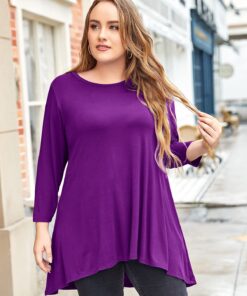 LARACE Womens Plus Size 3/4 Sleeve Loose Fit Flare Swing Tunic Tops Floral High Low Basic T Shirt Deep Purple 3X 9 71U56OvEcnS